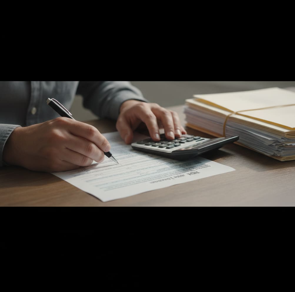 Dłonie wypełniają formularz podatkowy przy biurku z kalkulatorem.